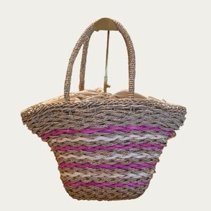 Clements Ribeiro Straw Seagrass Pink and Tan Lined  Drawstring Tote Bag